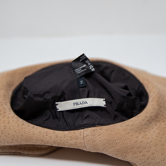 Prada Genuine Leather Textured Ribbon Bow Trim Bucket Sun Hat Neutral Beige M - Picture 4 of 6